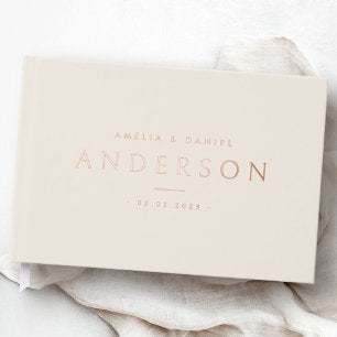 Elegant light tan brown wedding names date real foil guest book