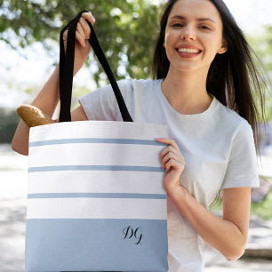 Elegant Modern Bold Stripes Monogram Initials Blue Tote Bag