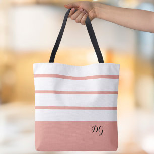 Elegant Modern Bold Stripes Monogram Initials Pink Tote Bag