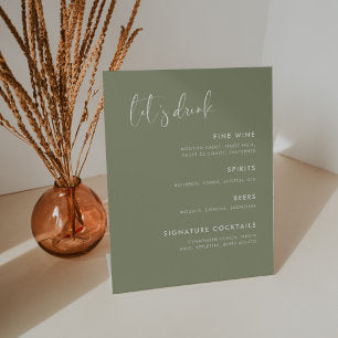 Elegant & Modern Sage Green wedding Bar menu Pedestal Sign