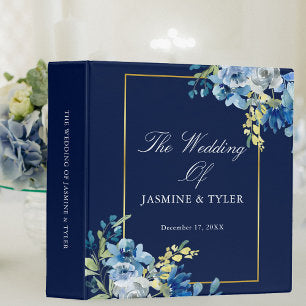 Elegant Navy Blue Gold Floral Wedding Photo Album 3 Ring Binder