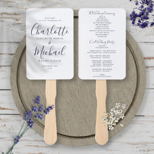 Elegant Navy Blue Signature Script Wedding Program Hand Fan