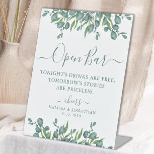 Elegant Open Bar Eucalyptus Personalized Wedding Pedestal Sign