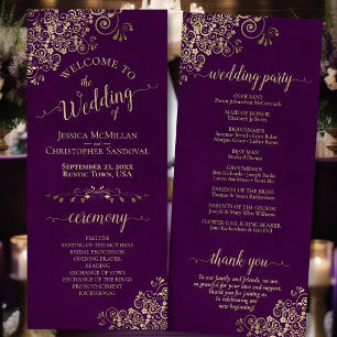 Elegant Ornate Gold Curls on Plum Purple Wedding Program