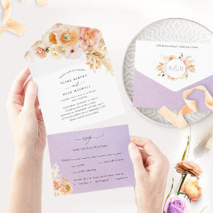 Elegant Peach and Purple Floral Wedding with RSVP All In One Invitation