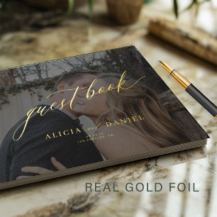 Elegant photo black gold calligraphy wedding foil guest book
