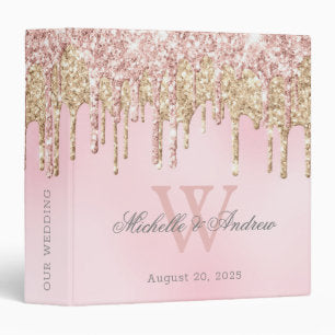 Elegant Rose Gold Glitter Drips Monogram Wedding 3 Ring Binder