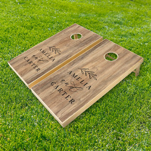 Elegant Rustic Wood Laurel Leaf Wedding Monogram Cornhole Set