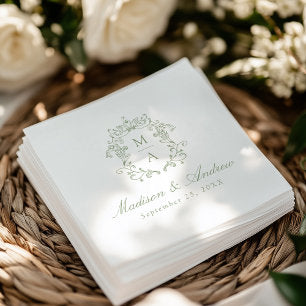 Elegant Sage Chinoiserie Monogram Crest Wedding Napkins