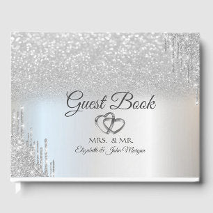 Elegant Silver Glitter Bokeh Hearts Drips Wedding Guest Book