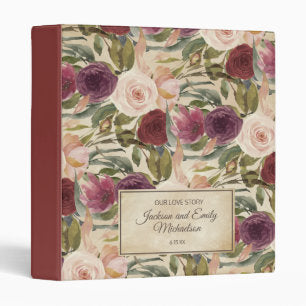 Elegant Vintage Burgundy Blush Pink Floral Wedding 3 Ring Binder