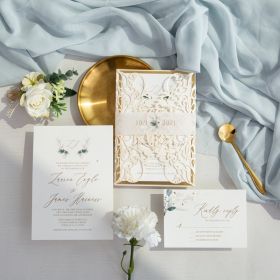 Elegant Botanical Design Laser Cut Wedding Invitation With Gold Mirror Backer Swws141