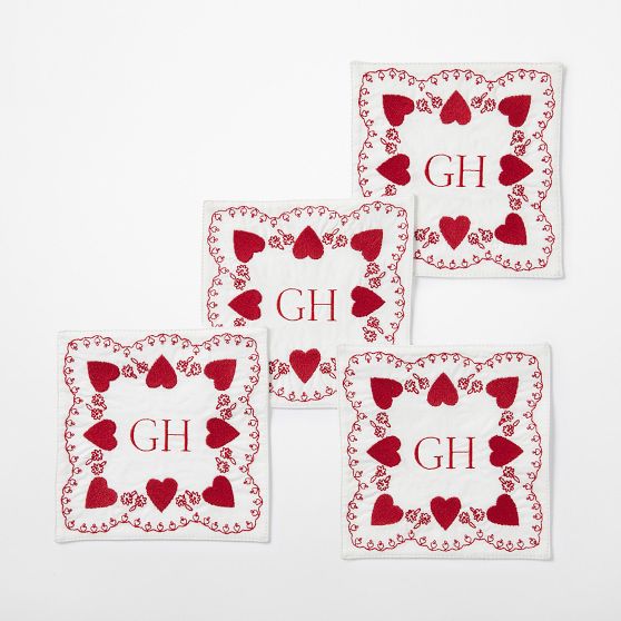 Embroidered Hearts Coasters, Set Of 4