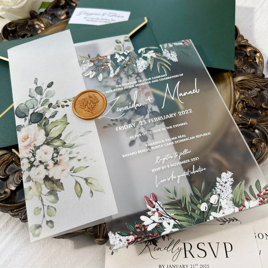 Emerald Green Frosted Acrylic Wedding Invitation Suite, Vellum Greenery Eucalyptus Transparent Invites with Gold Wax Seal, Printable Rsvp, Details Card