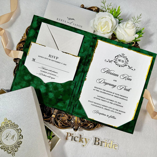 Emerald Green Gold Velvet Wedding Invitations with Gold Foil Monogram, Luxury Handmade Gold Deckled-Edge Invite Cards, Boxed Invitation