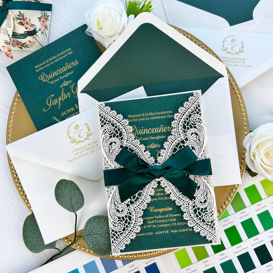 Emerald Green Quinceanera Invitation Sweet 16, Gold Foil Sweet Sixteen Birthday Invitations, Any Age