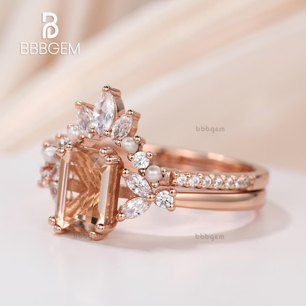 Emerald Cut Morganite Rose Gold Engagement Ring Set W/ Pearl Moissanite Nesting Band