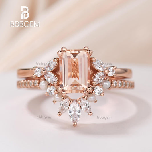 Emerald Cut Morganite Rose Gold Engagement Ring Set W/ Pearl Moissanite Nesting Band