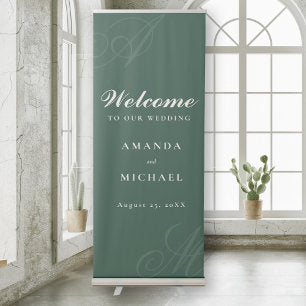 Emerald Green Elegant Monogram Wedding Retractable Banner