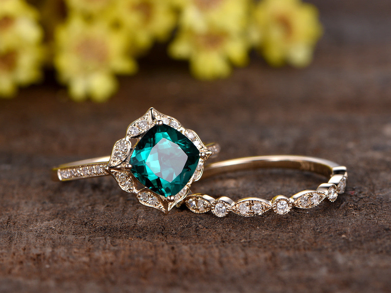 1.4 Carat Cushion Emerald Wedding Set Diamond Bridal Ring 14k Yellow Gold Retro Vintage Eternity Band