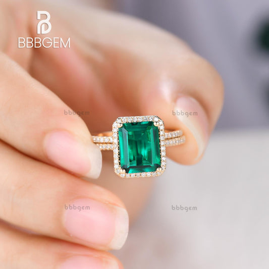 2.6 Carat Emerald Cut Emerald Wedding Set Diamond Bridal Ring 14k Rose Gold Curved Thin Eternity Band