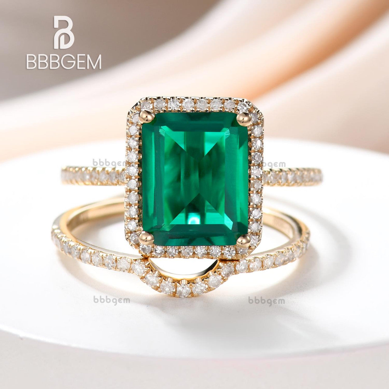 2.6 Carat Emerald Cut Emerald Wedding Set Diamond Bridal Ring 14k Rose Gold Curved Thin Eternity Band