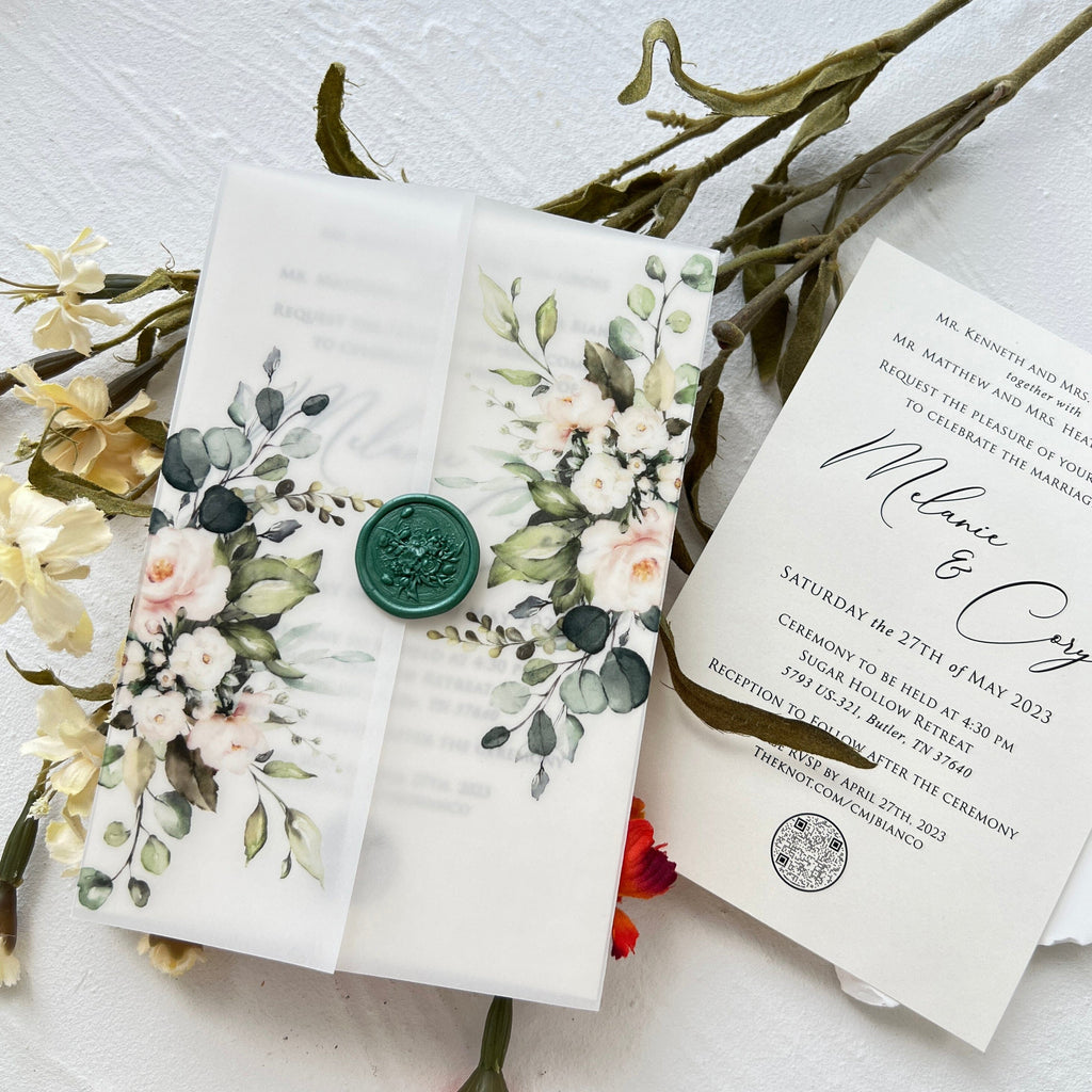 Eucalyptus Leaves Wedding Invitation Set for Green Wedding, Greenery Boho Wedding Invite Cards with QR Code