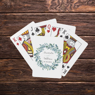 Eucalyptus greenery monogram names wedding poker cards