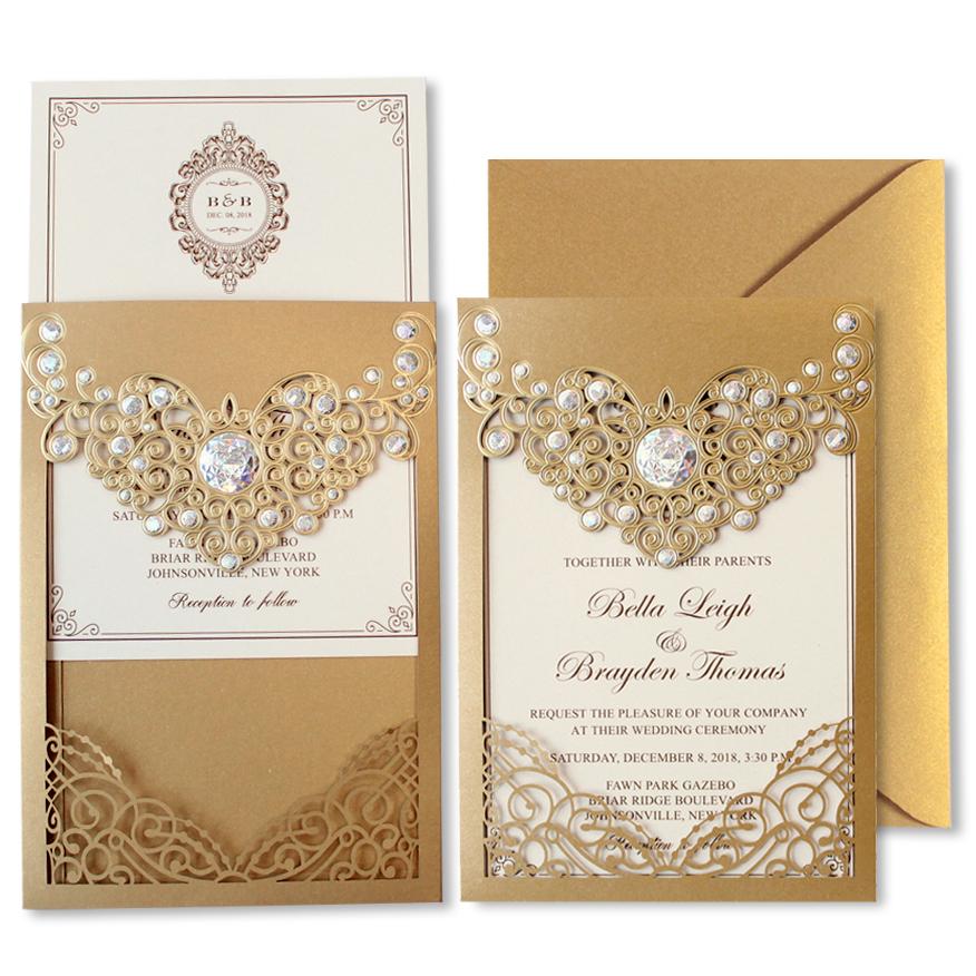 European Lace Wedding Invitation Gold PB2000-G
