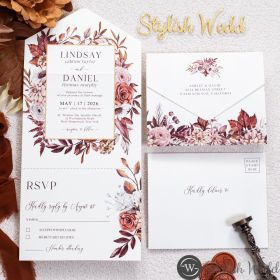 Multi-Functional Foldable Integrated Invitation With Maroon Palm Leaf Design Swi137
