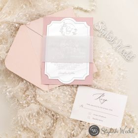 Mirror Silver Acrylic Wedding Invitation With Blush Velvet Backer And Venue Sketch Belly Band Swal145