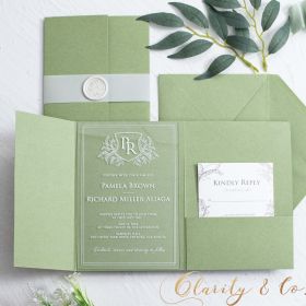 Sleek Leafy Monogram Acrylic Invitations with Sage Green Wrap CAPL056