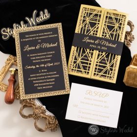 Vintage Great Gatsby Inspired Black And Gold Foil Laser Cut Wedding Invitations Swws239