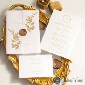 Gold Foil Vellum Wrap With Delicate Leaf Wedding Invitation Swpi135