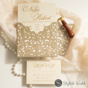 The Royal Invitation Glittery Champagne Laser Cut Sleeve With Classic Invitation On Gold Foil Swws207