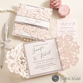 Silver Glittered Blush Laser Cut Wedding Invites Swws201