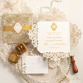 Elegant Gold Monogrammed Acrylic Wedding Invitation Suite with Luxurious Glitter Pocket CAPL082