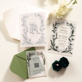 Chic Greenery Acrylic Wedding Invitation With Vellum Wrap And Silver Acrylic Name Tag Sapv028T