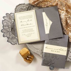 Grey Shimmer Laser Cut Wedding Invitations With Champagne Gold Glitter Paper Backer And Belly Band Swws186