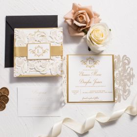 Ivory Elegance Laser Cut Wedding Invitation With Mirror Gold Bellyband And Backer Swws325