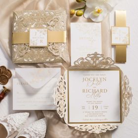 Golden Glamour Glittering Laser Cut Wedding Invitation With Mirror Gold Bellyband And Backer Swws326