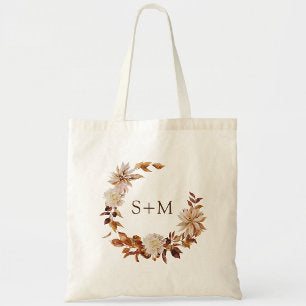 Fall Bride Groom Monogram Leaves Wreath Wedding Tote Bag
