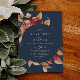 Fall Leaves Navy Blue & Burgundy Casual Wedding Invitation