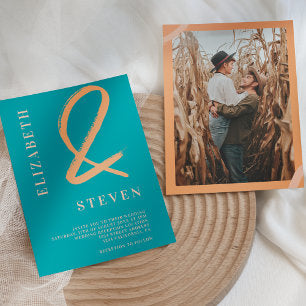 Fall teal orange ampersand names photo wedding invitation