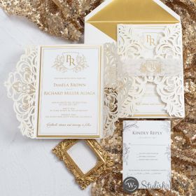 Luxurious Foiled Monogram Leafy Cards With Classic Embossing Laser Cut Pocket Swws342