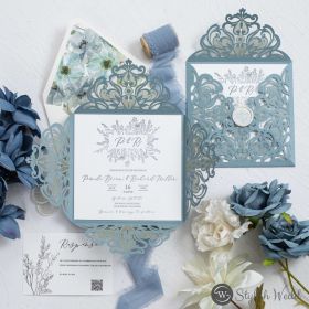 Graceful Leafy Monogrammed Cotton Invitation Suite With Classic Dusty Blue Pocket Swws343