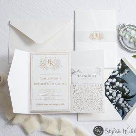 Opulent Foileded Monogram Leafy Invitations With Simple Tri-Fold Wrap Swws344