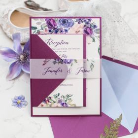 Lavender And Purple Floral Wedding Invitation With Belly Band Swi015