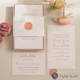 Blush Embossed Floral Letterpress Printed Cotton Paper Wedding Invitations With Embossed Flower Belly Band Swi146