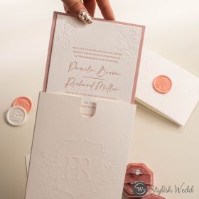 Pink Blossom Cotton Paper Wedding Cards With Embossed Floral Flower Belly Band And Monogrammed Wrap Swpi171